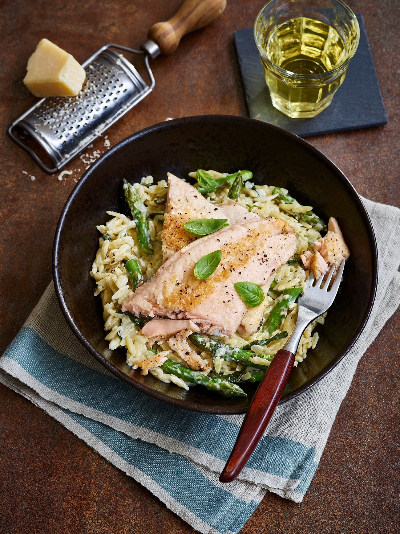 Trout with creamy orzo