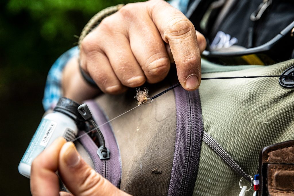 CDC dry fly dried by use of an elastic band